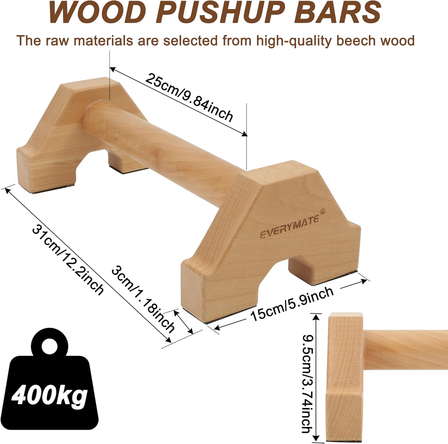 EVERYMATE Calisthenics Wood Parallettes Bars, Wood Push Up Bars Calisthenics Equipment for Home, Push Up Handles for Floor, Handstand Push Up Handles, Wrist Wraps Included